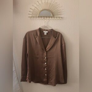 Rachel Zoe Brown Satin Button-Down Shirt